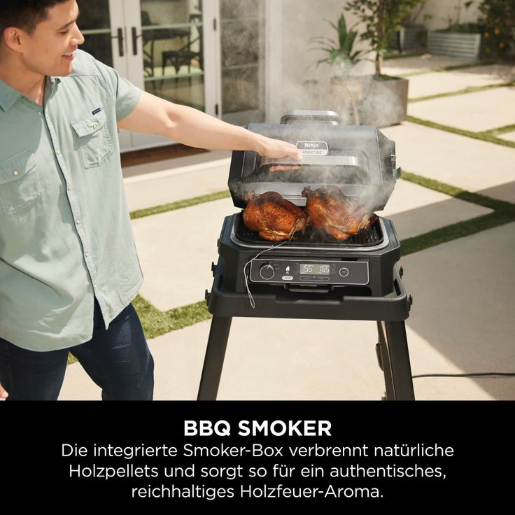 Ninja Woodfire Pro XL Elektrogrill, großer 4-in-1-Außengrill mit Smoker-&Heißluftfritteuse mit Smart Cook-System und integriertem Thermometer,Holzfeuer-Pellets,wetterfest, tragbar,Grau/Schwarz OG850EU – Bild 3