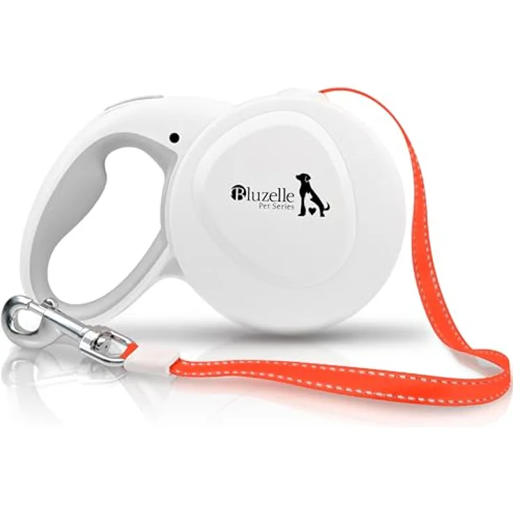 bluzelle 8m Lange Hundeleine für Hunde bis 50kg, Flexible Rollleine Neon-Orange Leuchtender Reflektor-Gurt mit 360° Karabinerhaken Metall, Ergonomischer Griff Grau Gummiert & Einzugs-Bremse, Weiß