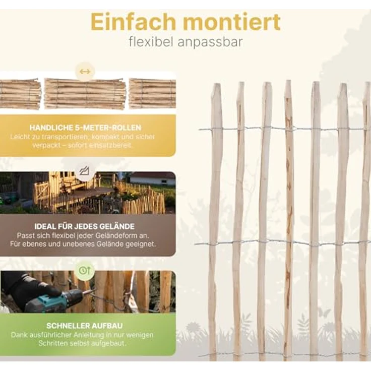 STILTREU Staketenzaun Haselnuss, 100 cm hoch, 5 Meter lang, Lattenabstand 3-5 cm, witterungsbeständig, handgefertigt – Bild 7