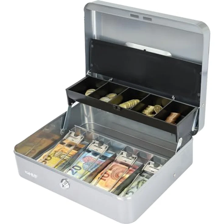 HMF 15230-09 Geldkassette abschließbar mit Münzeinsatz und 4 Scheinfächern, Silber, 30 x 24 x 9 cm, inkl. Tragegriff und Zylinderschloss – Bild 2