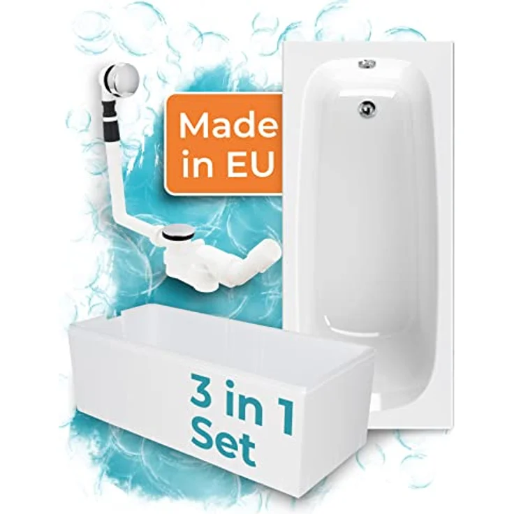 Calmwaters® Premium Badewanne Komplettset 170x75 cm Original, Made in EU, 3in1 Acryl-Badewanne mit Wannenträger & Ablaufgarnitur, Körperformbadewanne, Rechteckbadewanne 170 x 75, 200 l, Weiß – Bild 1