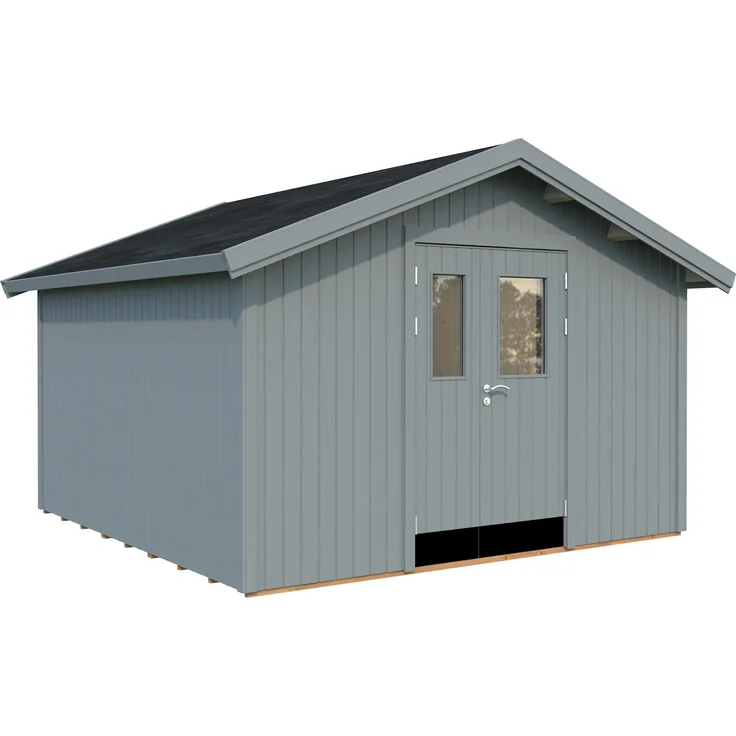 Palmako Gerätehaus Lucas, 12,1 m² aus 16 mm nordischem Fichtenholz, hellgrau lackiert mit Echtglasfenster