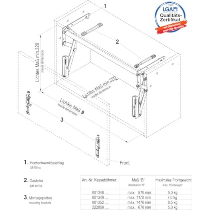 SO-TECH® HSB Tür-Liftbeschlag breitenanpassbar bis 1170 mm, verdeckte Frontbefestigung, 2 Kompressionsfedern mit 320 N – Bild 6