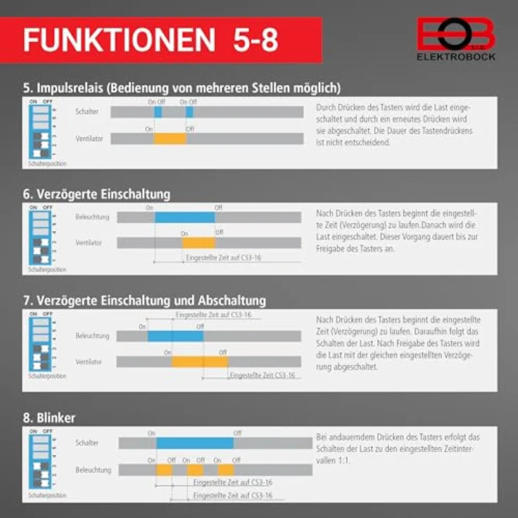 ELEKTROBOCK Zeitrelais - Nachlaufrelais 230 V 16 A - 8 Funktionen, LED geeignet, Unterputz für Lüftersteuerung und Umwälzpumpen – Bild 4