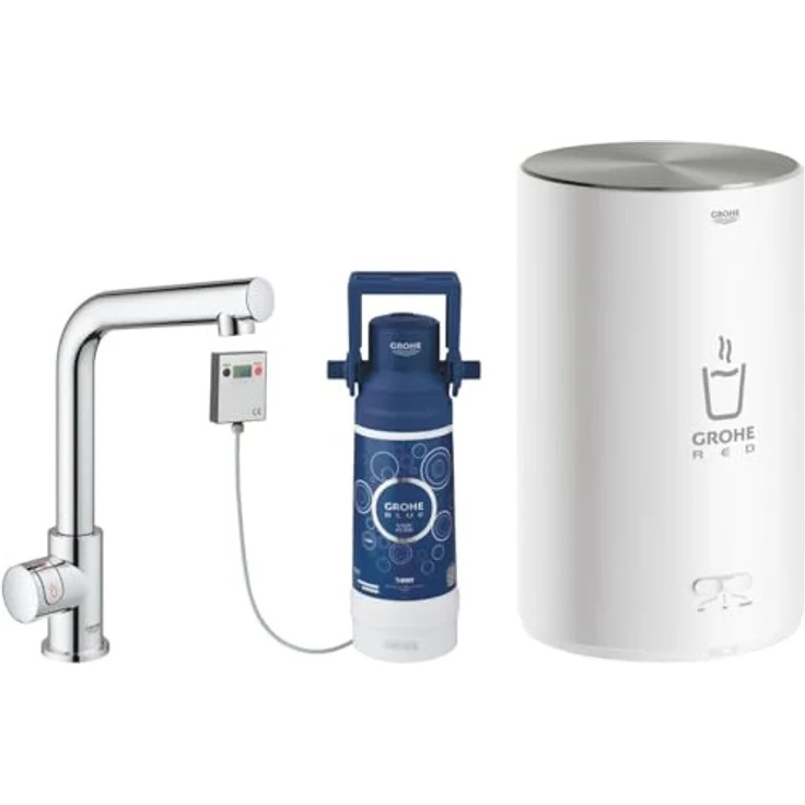 Grohe Küchenarmatur Red Mono L-Auslauf, Boiler M, mit kindersicheren Touch-Tasten für kochendes Wasser, Hochdruck, isolierter Rohrauslauf – Bild 1