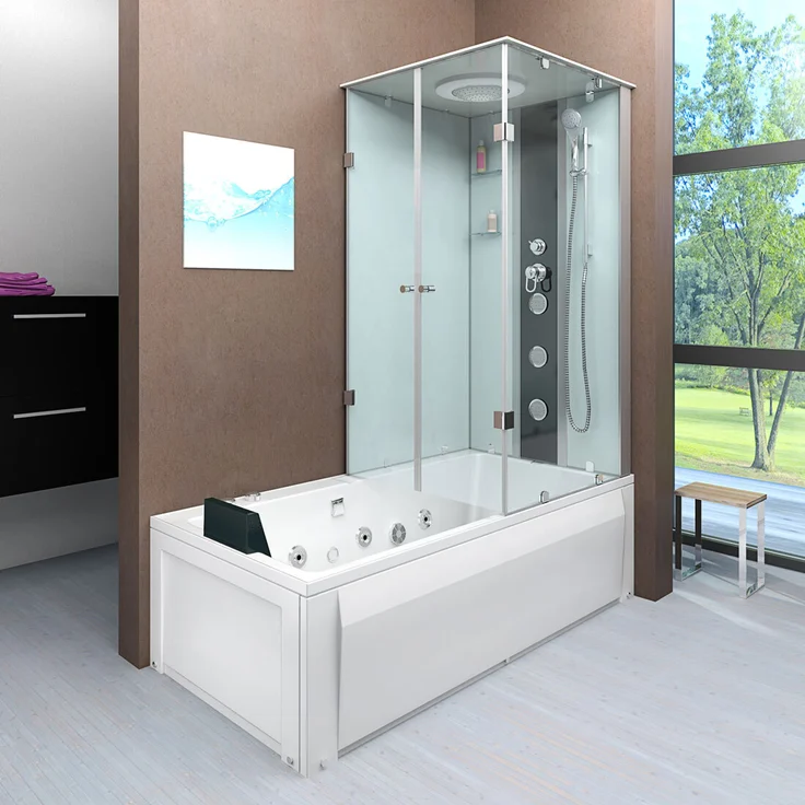 SeniorBad GmbH Whirlpool Dusche Kombination K05-L00-WP-EC Duschtempel 180x90 cm, weiß, mit Regendusche, Handbrause und Wassermassagedüsen