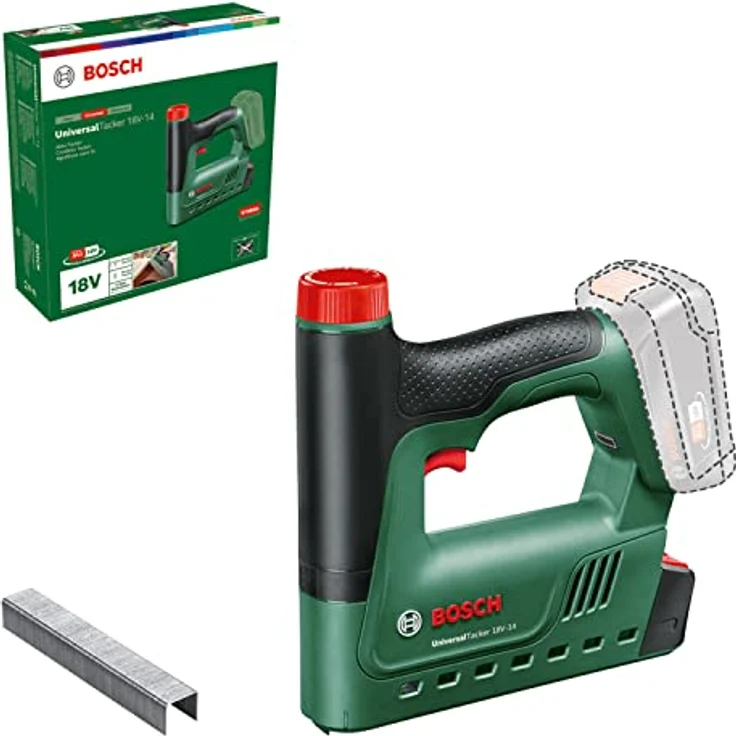 Bosch Akku-Tacker UniversalTacker 18V-14 (Tackern/heften in Weich-und Hartholz; für Klammern und Nägel; Schnellfeuermodus; 18 Volt System; mit 1000 Feindrahtklammern; ohne Akku) – Bild 1