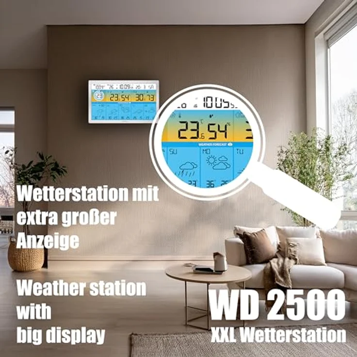 Techno Line WD2500 Funk-Wetterstation, WLAN Wetterdaten für bis zu 3 Außensender, mit Temperatur-, Luftfeuchtigkeits- und Wettervorhersage-Funktionen, weiß – Bild 3