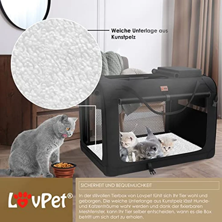 Lovpet® Hundebox Hundetransportbox faltbar Inkl.Hundenapf XXL 91,4x63,5x63,5cm Transporttasche Hundetasche Transportbox für Haustiere, Hunde und Katzen Haustiertransportbox Schwarz – Bild 4