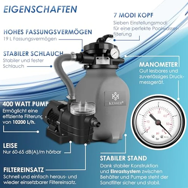 KESSER Sandfilteranlage Sandfilter + 700g Filterbälle ersetzen 25kg Filtersand 7-Wege Ventil mit Druckanzeige Poolfilter 10 m³-h Filteranlage Filterkessel für Pool Schwimmbecken 10.200 L-h Grau – Bild 3