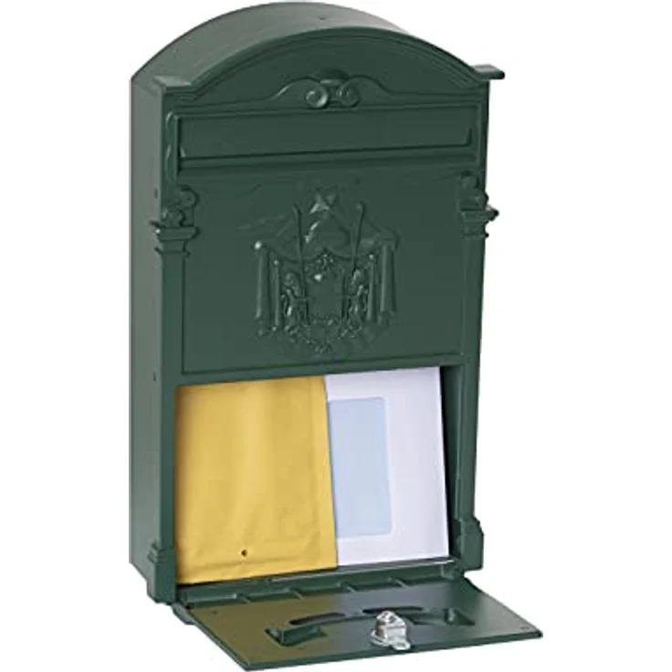 Briefkasten aus Aluminium im klassischen Stil, Größe M (DIN A4), Eleganter Wandbriefkasten für Draußen, Dekorativer Postkasten mit Namensschild, Einfache Montage, Grün – Bild 2