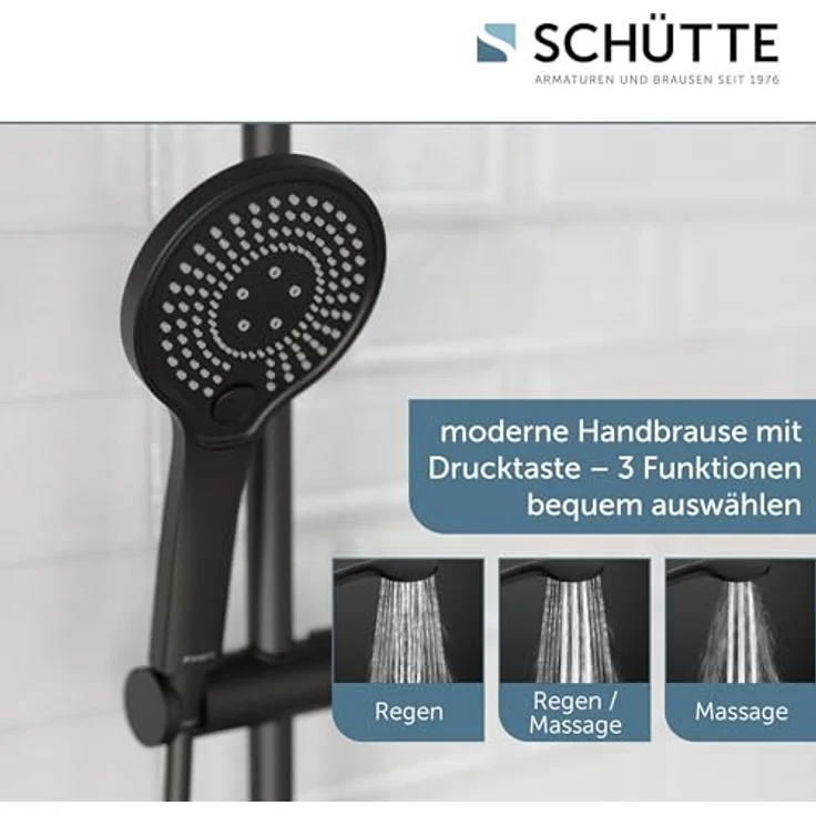 Schütte Duschsystem 'Adria', Thermostat schwarz, Handbrause mit 3 Strahlarten und knickfestem Brauseschlauch – Bild 3