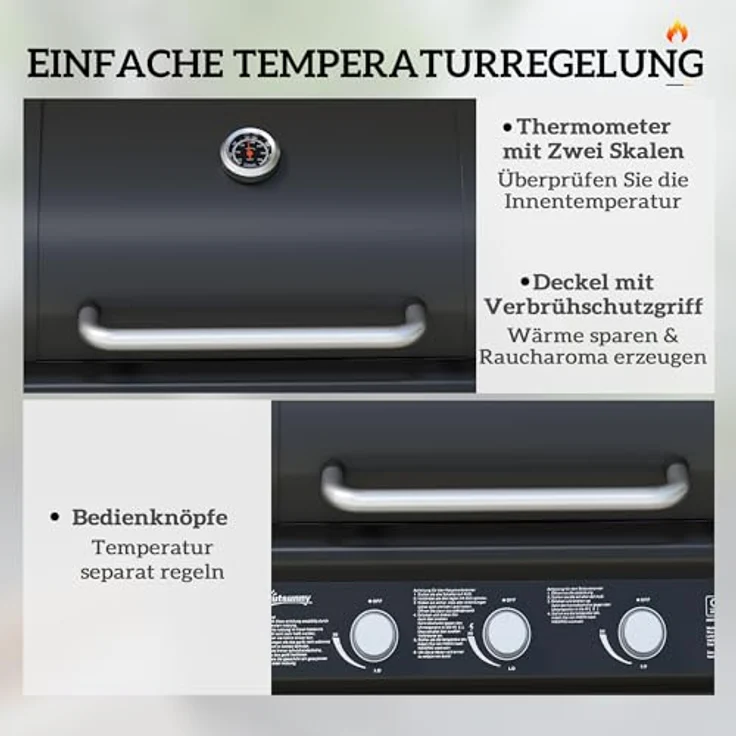 Outsunny Gasgrill 12,2 KW 3+1 Brenner BBQ Grillwagen aus Edelstahl inkl Rolle Seitenbrenner Thermometer Grillrost Kochfeld Seitentisch Gas-Grill für Balkon Camping 118,5 x 56 x 110 cm - Edelstahl – Bild 4