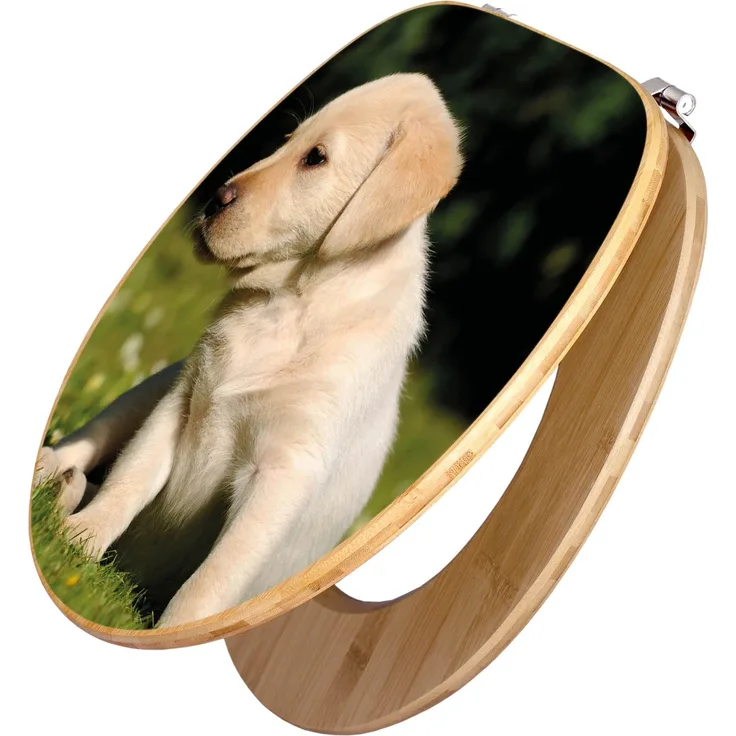 Banjado Bambus Toilettensitz mit Labrador Motiv, WC-Sitz aus robustem Bambus mit Universal Scharnieren, 44 cm x 38 cm