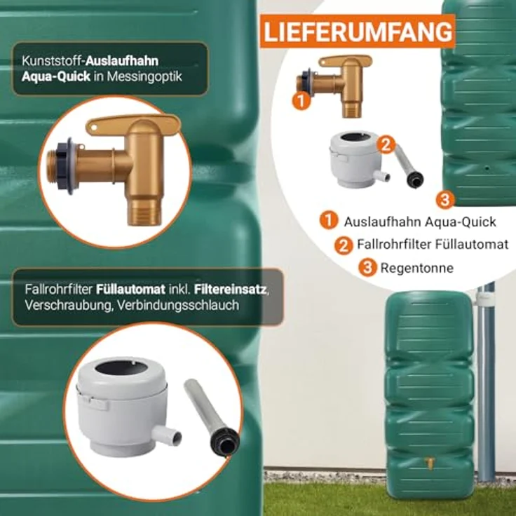 GARANTIA Regentonne CUBUS Komplett-Set 1000 L, dunkelgrün, mit Auslaufhahn und Fallrohrfilter, 1000 l – Bild 4