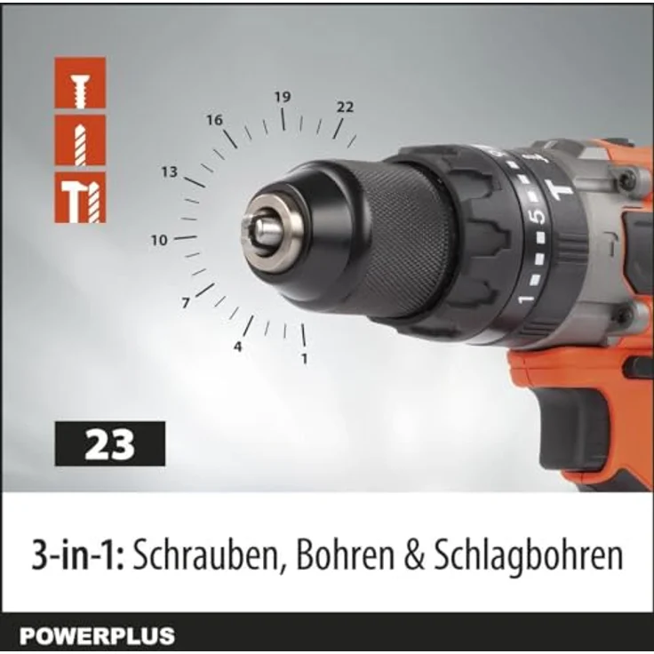 Powerplus Powdp15200, 20V Hammerbohrer mit 26 Drehmomentstufen, selbstspannendem Bohrfutter und LED-Leuchte für Holz, Metall und Beton – Bild 4