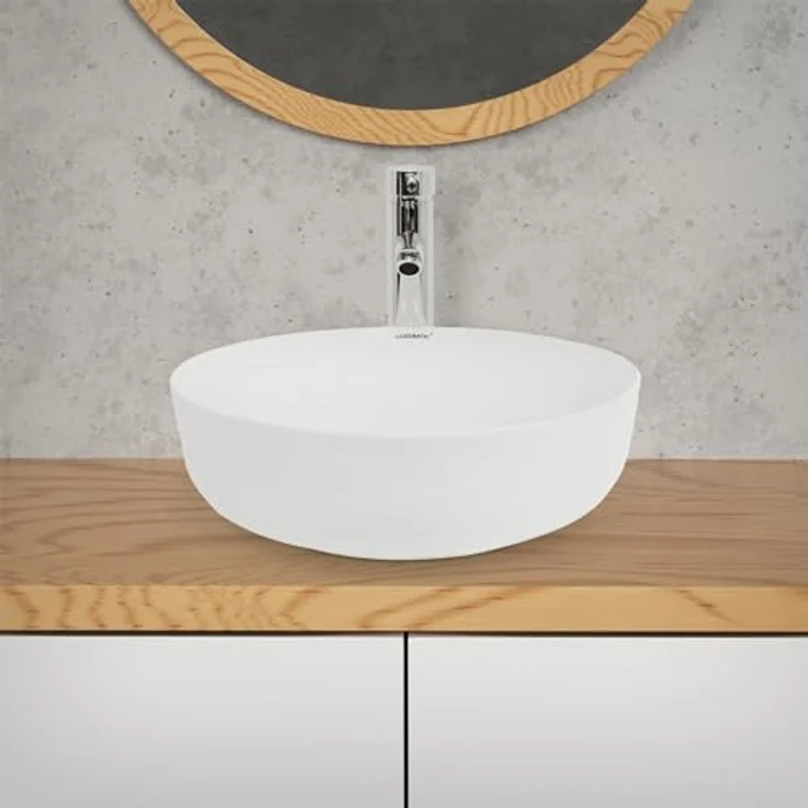 LuxeBath Waschbecken Aufsatzwaschbecken aus Keramik Wasserfall Komplett-Set Weiß ohne Überlauf – Bild 6