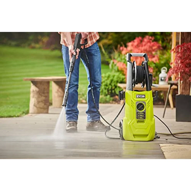 RYOBI 1800 W Elektro-Hochdruckreiniger RY150PWA, 150 bar Druck, 450 l/h Födermenge, 40° Wassertemp, Aluminiumpumpe, 8m stahlarmierter Schlauch, 5m Kabel, Vario und Turbo-Lanze, Flächenreiniger, Bürste - Preisvergleich – Bild 2