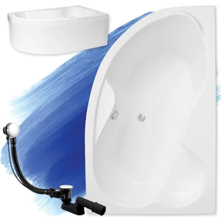 Polimat BADLAND Eckbadewanne MEGA 160x105 cm, Weiß Acryl, Komplettset mit Acrylschürze, Füßen und Chrom Automatik Ablaufgarnitur, Made in EU 4in1 – Bild 2