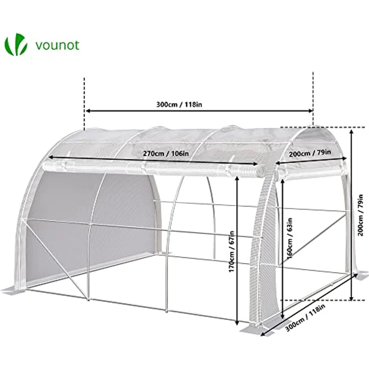 VOUNOT Gewächshaus Foliengewächshaus, Seitenwände Aufrollbar Winterfest, Tomatenhaus Folientunnel, 3x3x2m 9m², Weiß – Bild 2