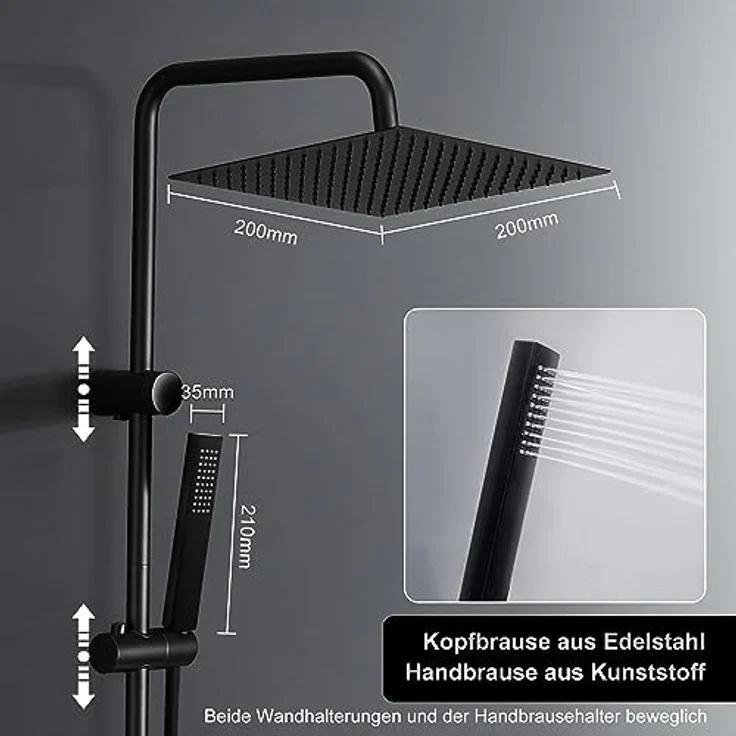 Görbach Regendusche Duschsystem, wassersparend mit 20x20 cm schwarzem Edelstahl Kopfbrause und 360° drehbarer Duschstange – Bild 3