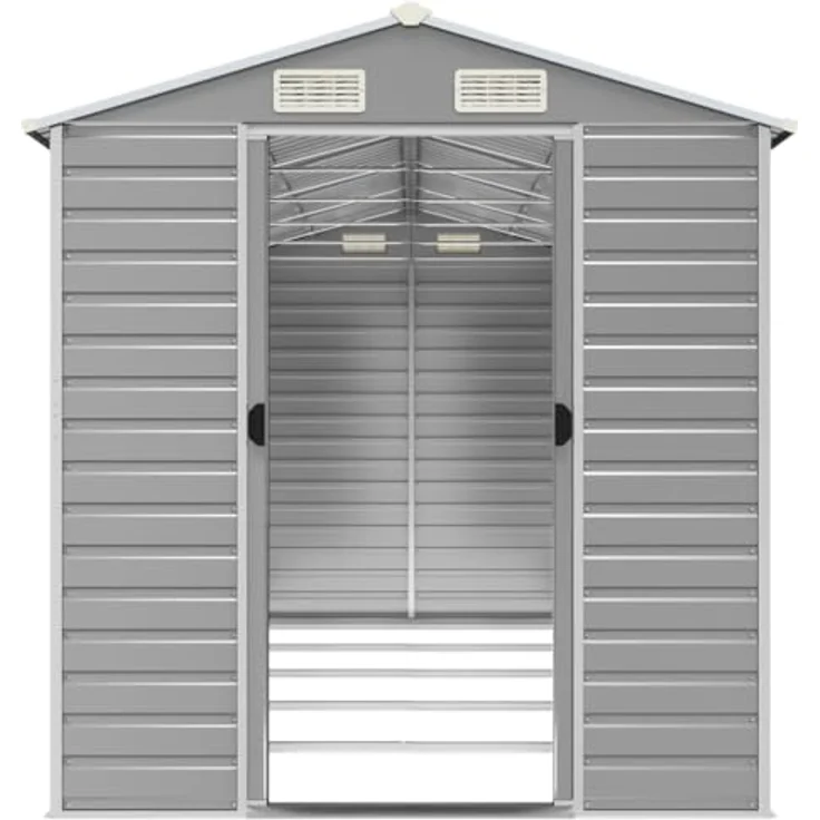 vidaXL Gerätehaus, Gartenhaus mit Schrägdach Griffe, Gartenschuppen Schuppen mit Stauraum, Geräteschuppen Metallschuppen, Hellgrau 191x470x198 cm Verzinkter Stahl – Bild 5