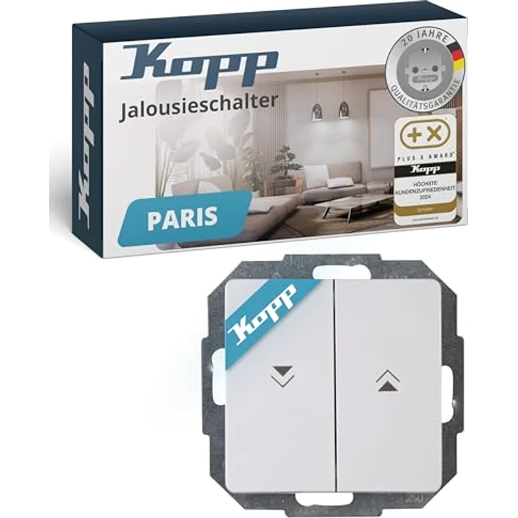 Kopp PARIS Jalousieschalter Arktis-Weiß, hochwertiger Unterputz-Rolladenschalter mit Wippe, IP20, 10AX Schaltvermögen, stilvolle Rolladensteuerung 250V~ – Bild 1