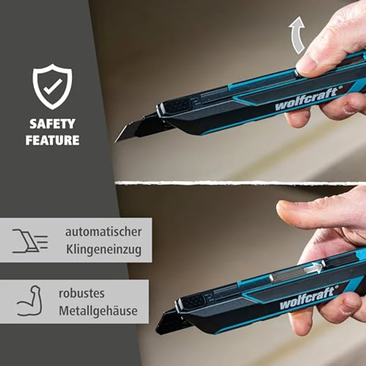 wolfcraft Cuttermesser PRO SAFETY 18 mm, Profi Abbrechklingenmesser mit Autolock, ergonomisch für Rechts- und Linkshänder, Metallgehäuse, extra scharfe Klinge – Bild 3