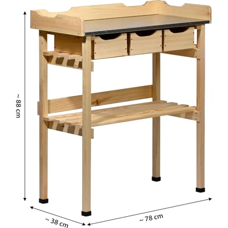 dobar® Pflanztisch mit 3 Schubladen und Ablageboden, Massivholz mit verzinkter Arbeitsplatte, 78 x 38 x 88 cm, Natur – Bild 2