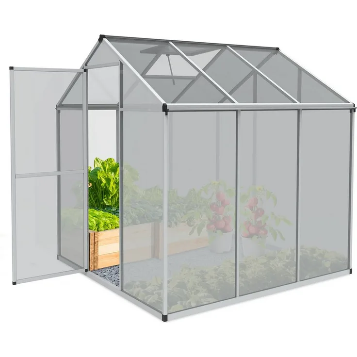Onbest Aluminium Gewächshaus M, wetterfest mit 4 mm Polycarbonat-Doppelstegplatten, Erdanker und Regenrinnen, 185 x 185 x 195 cm, 3,18 m²