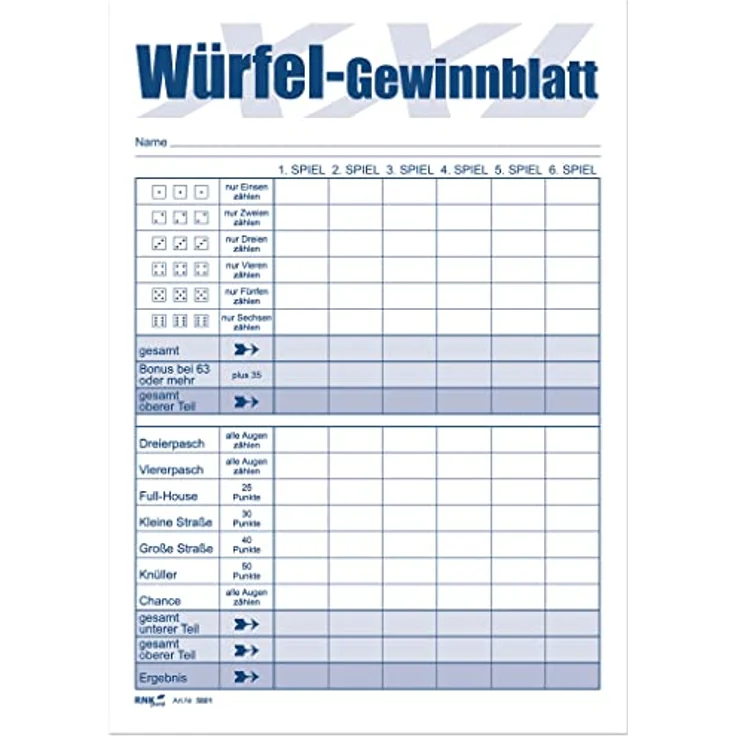 RNK 5801 - Würfelspiel-Block DIN A5, 2 Block je 85 Blatt für 1.020 Spiele – Bild 2
