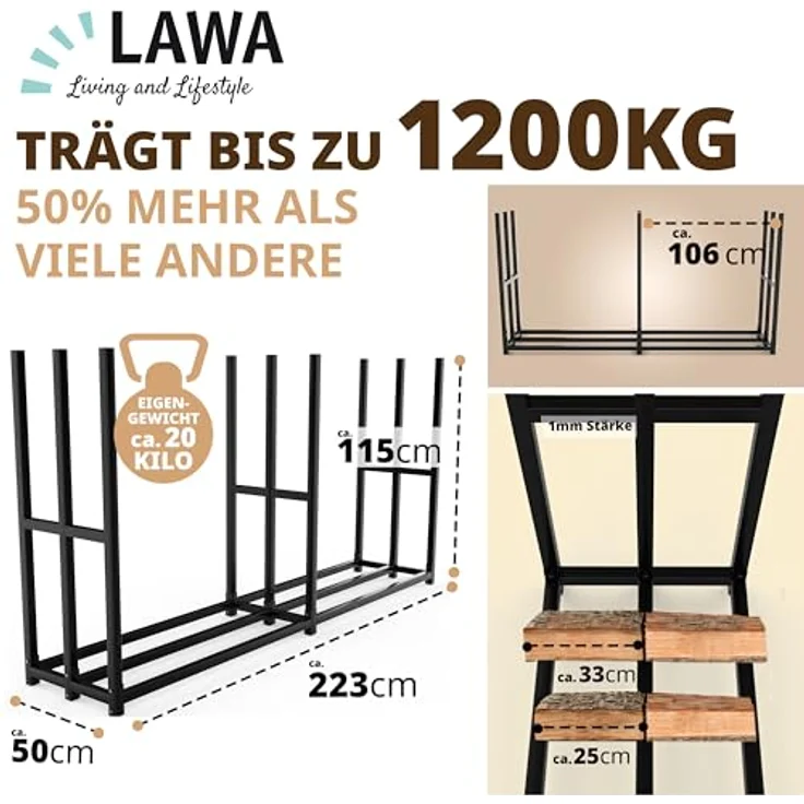 LAWA Living and Lifestyle Kaminholzregal Metall 223 × 50 × 115cm, verzinkt, Outdoor Holzunterstand für 25cm bis 50cm Feuerholz, schwarz, Tragfähigkeit bis 1200 kg – Bild 2