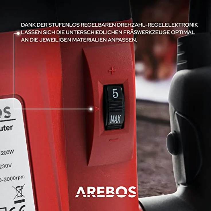 AREBOS Oberfräse 1200 Watt und 12 Fräser im Koffer - Holz Fräse Fräsmaschine Hand Kanten Fräser - rot – Bild 2