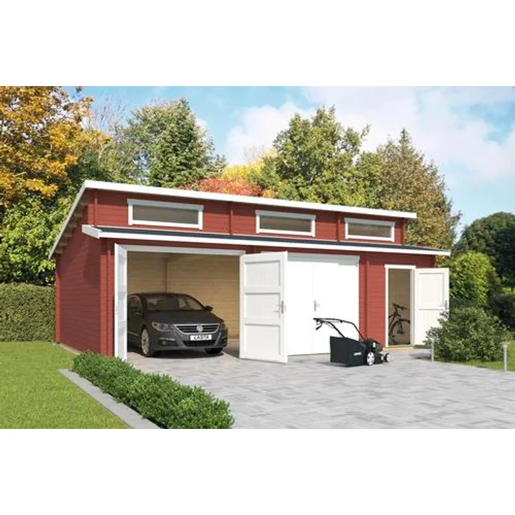 Lasita Maja Gartenhaus Hawaii Doppel-Holzgarage mit Holztoren, 39,4 m², schwedischrot, Stufendach