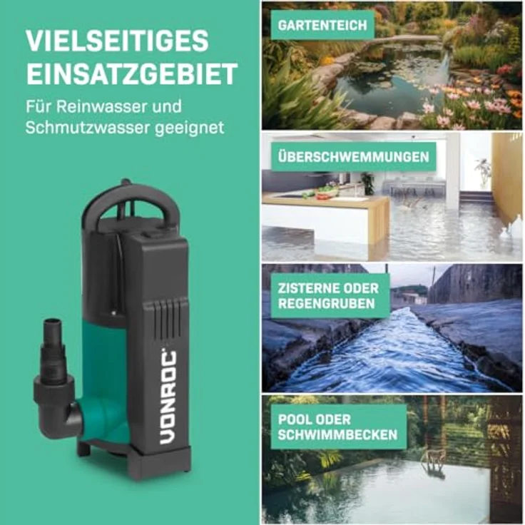 VONROC Tauchpumpe mit integriertem Schwimmer [750W] - Schmutzwasserpumpe für Keller, Pool, Gartenteich - Flachsaugend max Höhe [7,5m] - 1400 l/h für sauberes und schmutziges Wasser – Bild 4