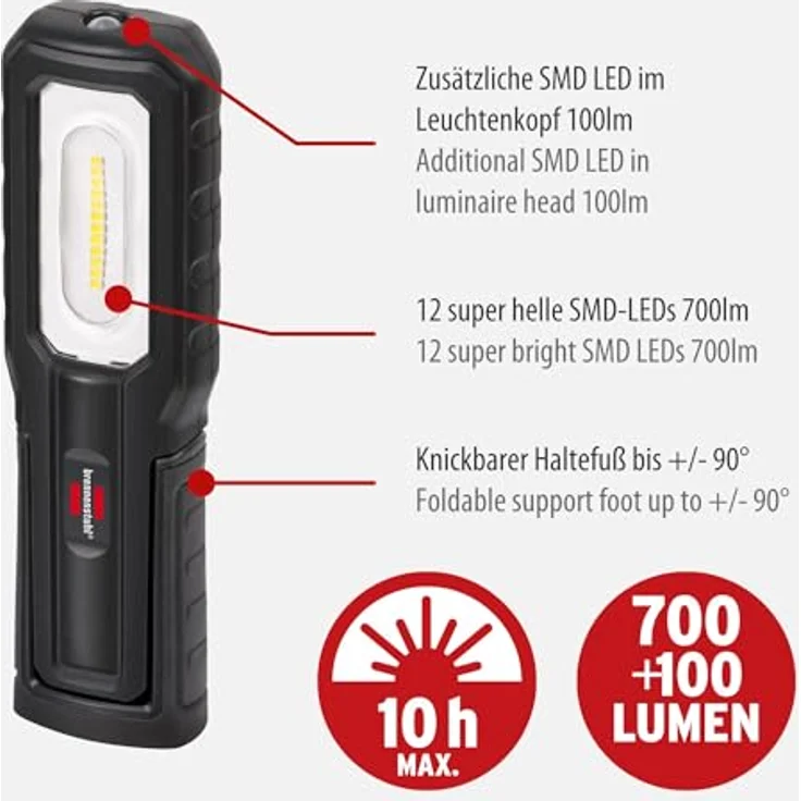Brennenstuhl LED Akku Handleuchte HL 701 A, 700+100lm, IP54, mit USB C Ladekabel, bis zu 10h Leuchtdauer, Magneten und Haken – Bild 2
