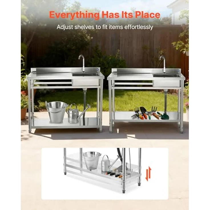 VEVOR Edelstahl Spültisch mit Wasserhahn, Einzelbecken (120 x 50 x 94 cm), 3-in-1 Multifunktionsdesign für Küche, Garage & Restaurant, verstellbare Ablage – Bild 3