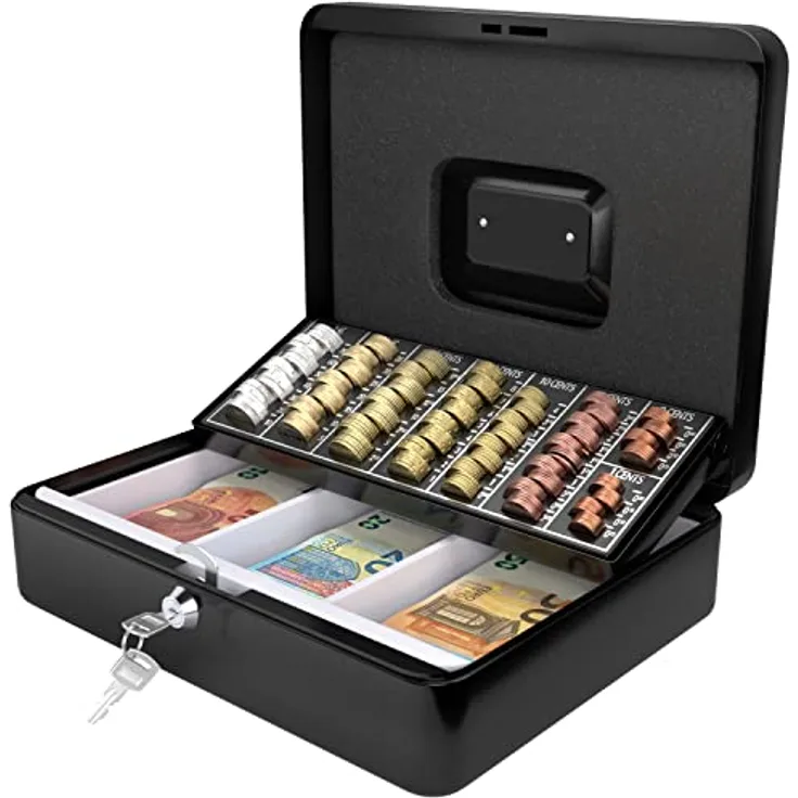 ACROPAQ Geldkassette abschließbar - Kasse mit Münzzählbrett, Groß 24 x 30 x 9 cm - Abschließbare Box, Geldkasse, Geldkoffer geeignet für Geldaufbewahrung - Schwarz - 10005K