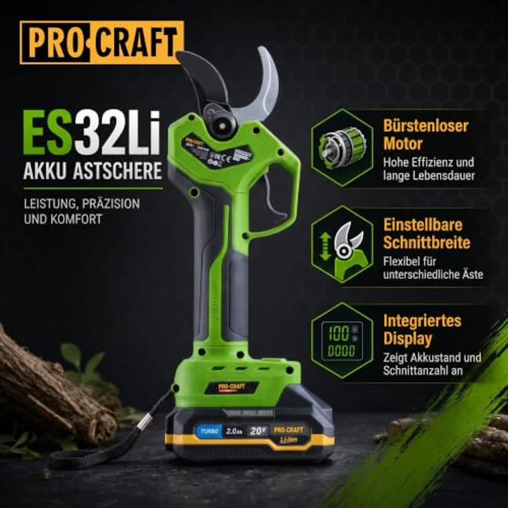 PRO CRAFT Akku-Astschere ES32Li, 20 V Brushless mit 1x 2,0 Ah Akku, Ladegerät und Koffer, max. Schnittdurchmesser 35 mm, ergonomisches Design, SK5-Stahlklingen – Bild 2