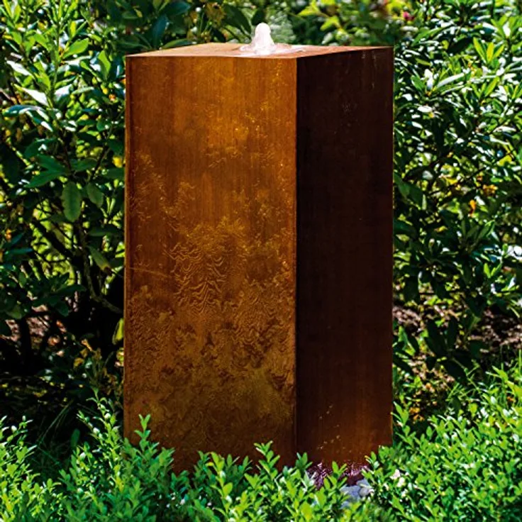 KÖHKO® Würfelbrunnen „Peru“ Höhe 69 cm Gartenbrunnen 31005 aus Cortenstahl mit LED-Beleuchtung