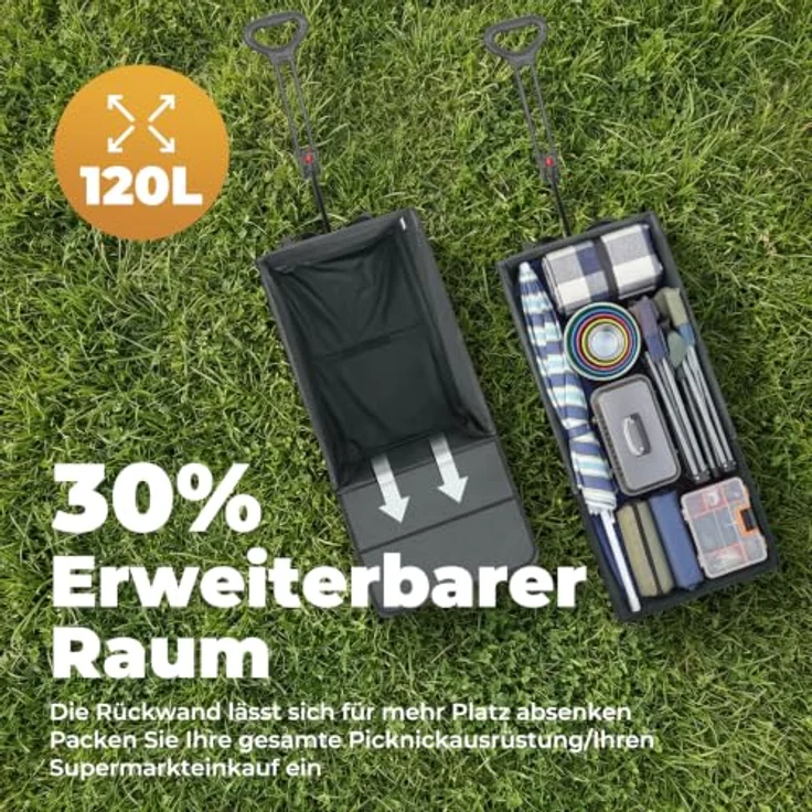Homecall Bollerwagen Faltbar 120L+, Tragfähigkeit bis 150kg, mit Heckklappe, Regenschutz und Bremsen – Bild 2