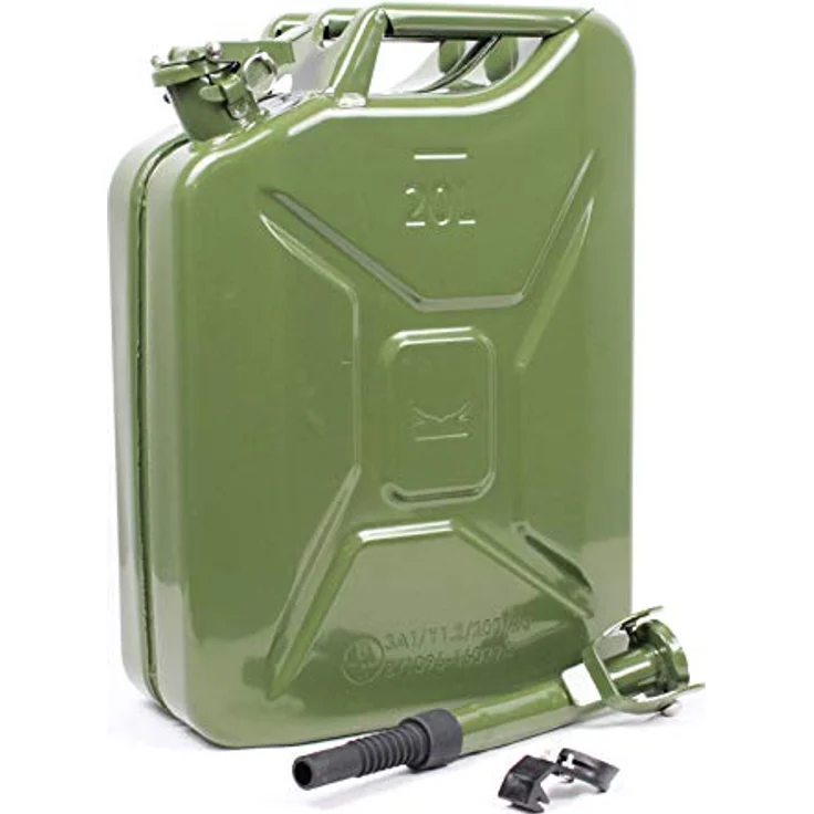 Baumarktplus Benzinkanister Kraftstoffkanister Metall 20 Liter Oliv inkl. Ausgießer + Halter – Bild 2
