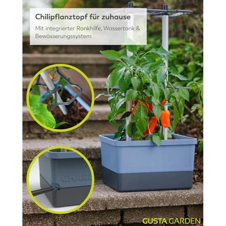 Gusta Garden Pflanzkübel CHARLY CHILI, Chilitopf mit automatischem Bewässerungssystem und stabiler Rankhilfe, regular blau – Bild 2