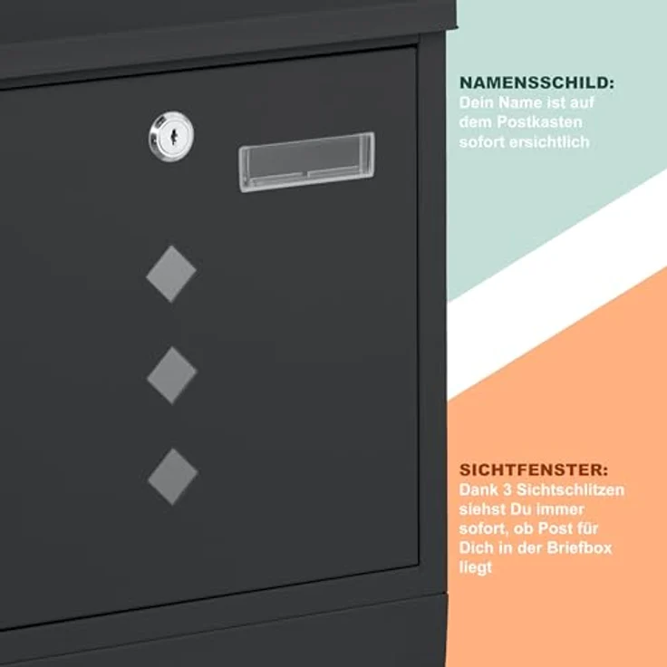 relaxdays Briefkasten mit Zeitungsfach, anthrazit, mit Zylinderschloss und Sichtfenster, Maße 38x31x13 cm – Bild 8