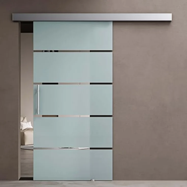 doporro Glasschiebetür Amalfi TS13H-900 90 x 215 cm | ESG-Sicherheitsglas 8mm satiniert | 5 Milchglas-Streifen | Stangengriff | Aluminumschiene | Edelstahl | 15mm Wandabstand – Bild 2