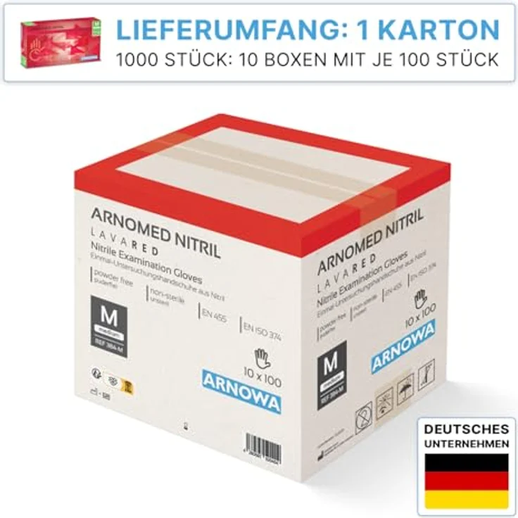 ARNOMED Einweghandschuhe Rot, 1000 Stück Nitril M, puderfrei, latexfrei, lebensmittelecht, EN 455 & EN 374 zertifiziert – Bild 2