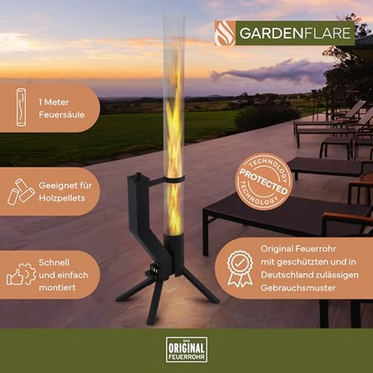 GARDENFLARE Feuerrohr - Edelstahl Feuersäule und Pelletfackel für Tolles Ambiente-Feuer (Schwarz Pulverbeschichtet) – Bild 4