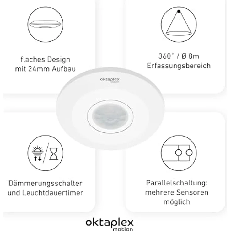 Oktaplex Ina Bewegungsmelder Innen 360 Grad 8m Reichweite LED geeignet weiß Aufputz 230V mit Dämmerungssensor - Preisvergleich – Bild 2