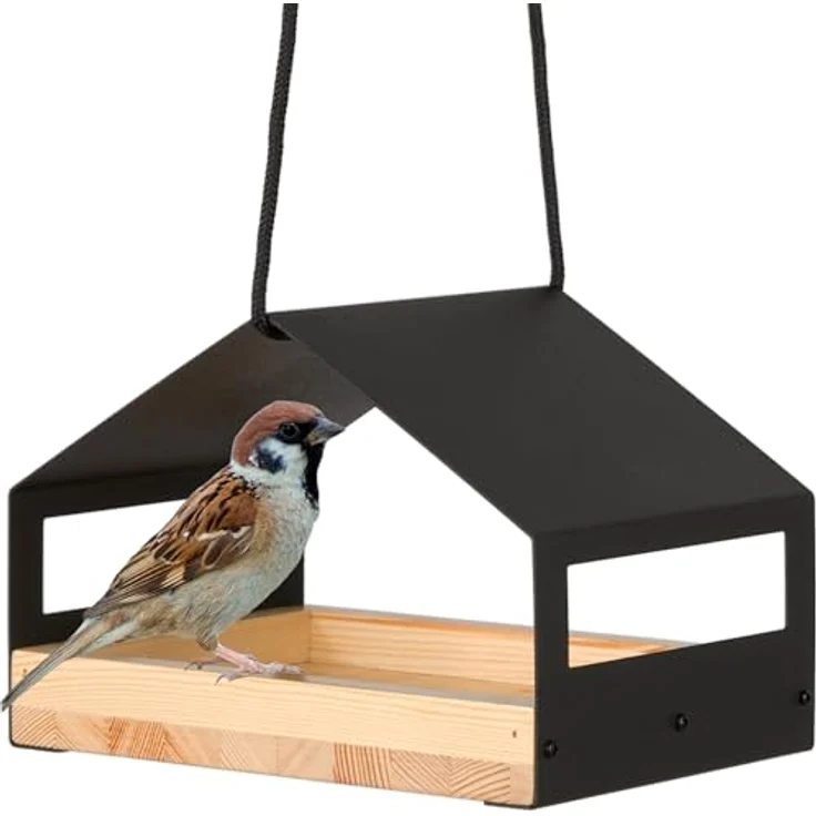 WONDERMAKE® Design Vogelhaus aus Metall und Holz wetterfest zum Aufhängen, modernes Vogelfutterhaus klein Metalldach hängend, Vogelhäuschen Futterhaus für Vögel, schwarz – Bild 1