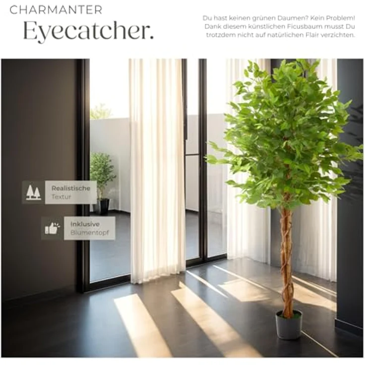 tectake Künstlicher Ficusbaum Fida, 180 cm, naturgetreu mit stabiler Kunststoffbasis, pflegeleicht und vielseitig einsetzbar – Bild 8